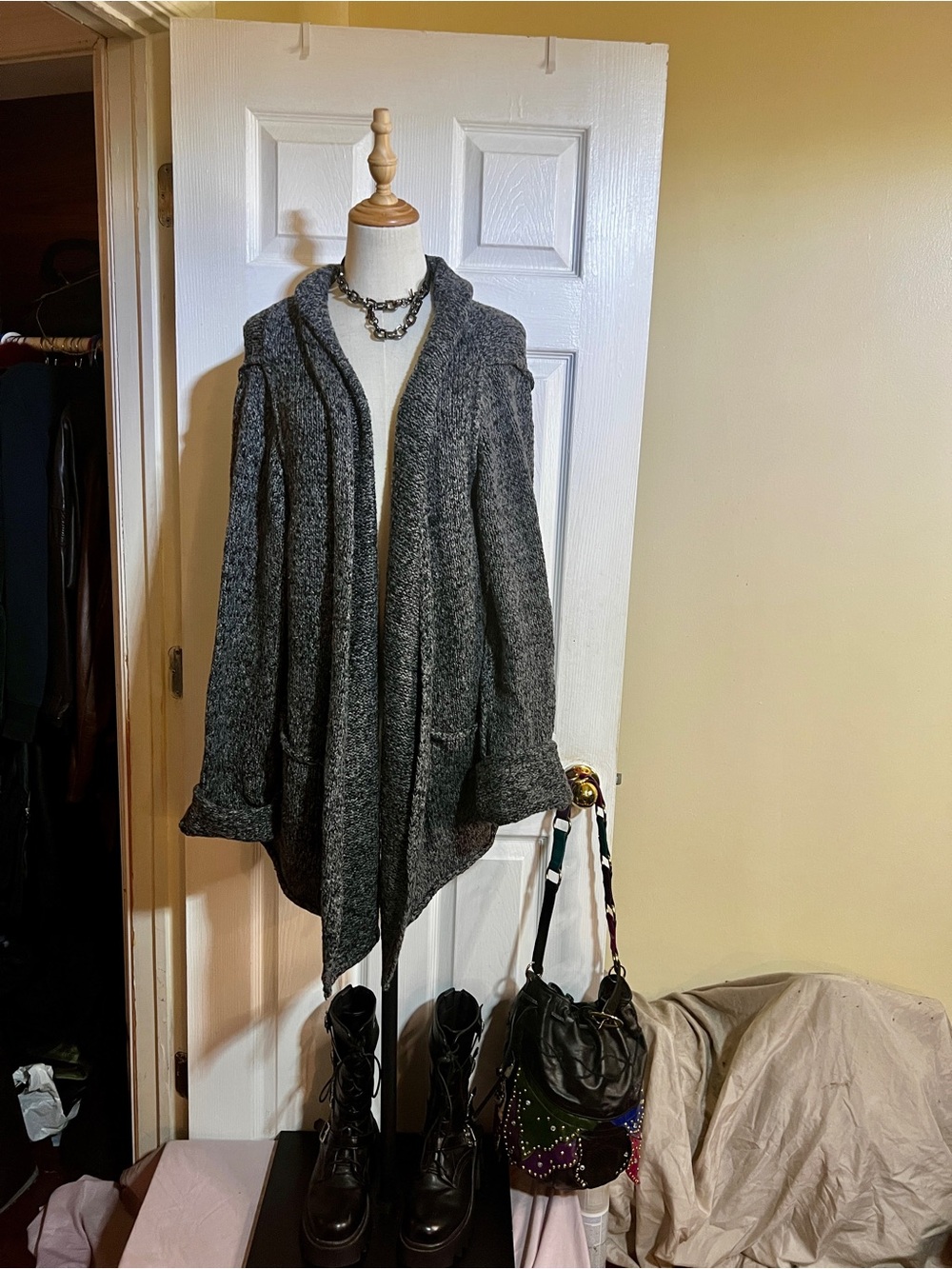 Anthropologie Chunky Charcoal Cotton Blend Shawl Open Front Granny Cardigan XL
